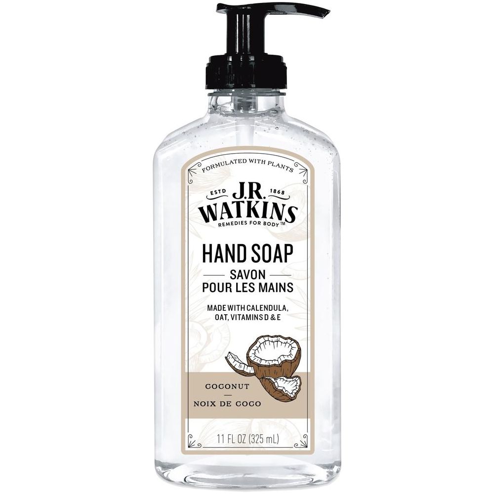 J.R. Watkins coconut and lavender liquid hand soap in a clear bottle with label, part of Pasteur Pharmacy collection