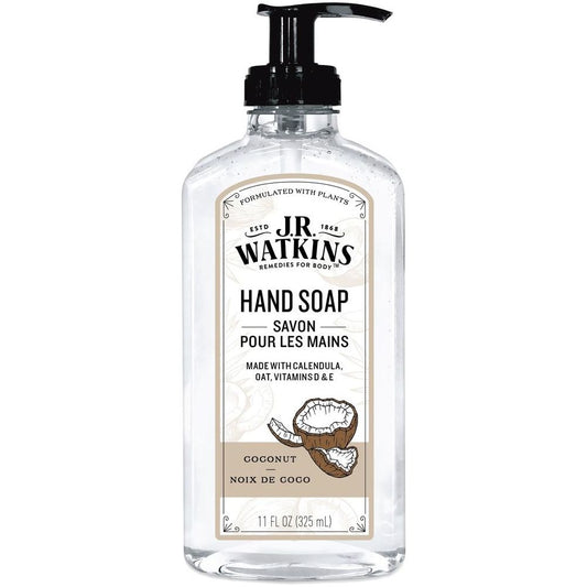 J.R. Watkins coconut and lavender liquid hand soap in a clear bottle with label, part of Pasteur Pharmacy collection