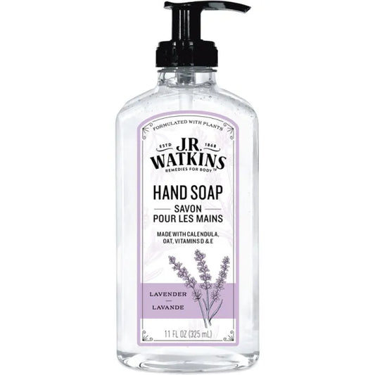 J.R. Watkins Coconut and Lavender Liquid Hand Soap in a clear pump bottle from Pasteur Pharmacy collection
