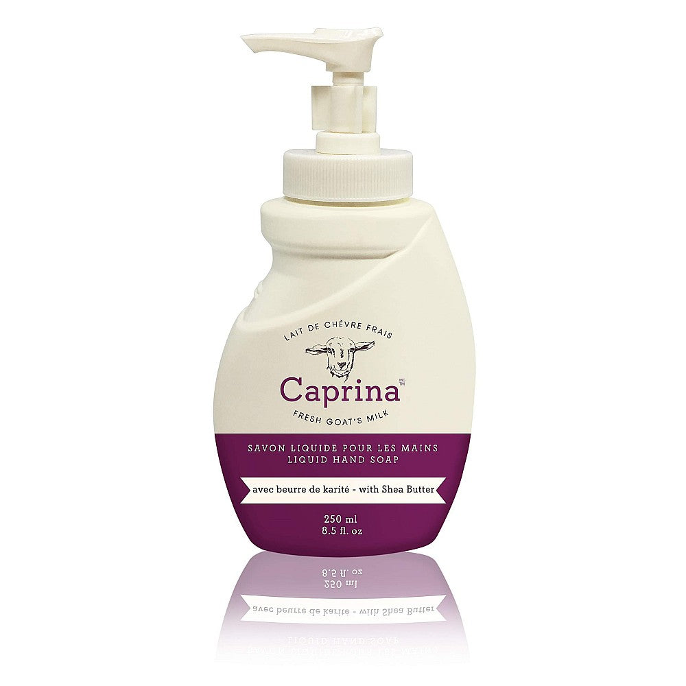 Caprina by Canus goats milk liquid hand soap with shea butter in a 250ml pump bottle, featuring soft, creamy soap for gentle hand cleansing.