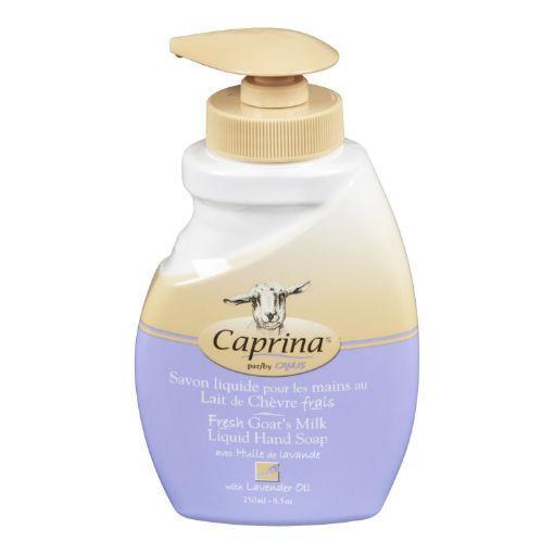 Caprina goats milk liquid hand soap in lavender scent, 250ml bottle with a pump dispenser, gentle and moisturizing for hands.