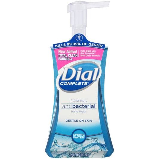 Dial Antibacterial Foaming Hand Wash in Spring Water scent, 7.5 fl oz liquid soap with pump dispenser, from Pasteur Pharmacy.