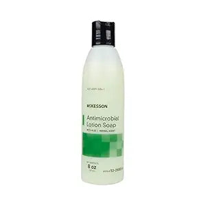 McKesson Antimicrobial Lotion Soap 8oz liquid hand soap bottle from Pasteur Pharmacy with clear label and pump dispenser.