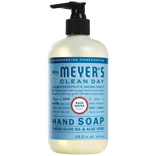 Mrs. Meyer's Clean Day Liquid Hand Soap in Rain Water scent, 12.5 Fl Oz, featuring a clear bottle with floral design.