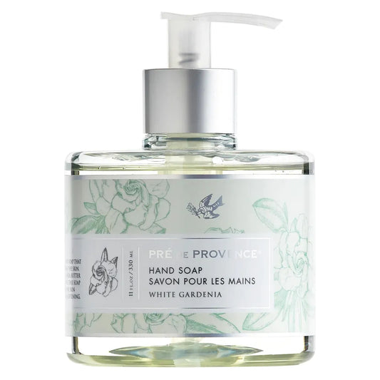 Pre de Provence White Gardenia liquid hand soap in 11 oz bottle, featuring floral gardenia scent and elegant packaging.