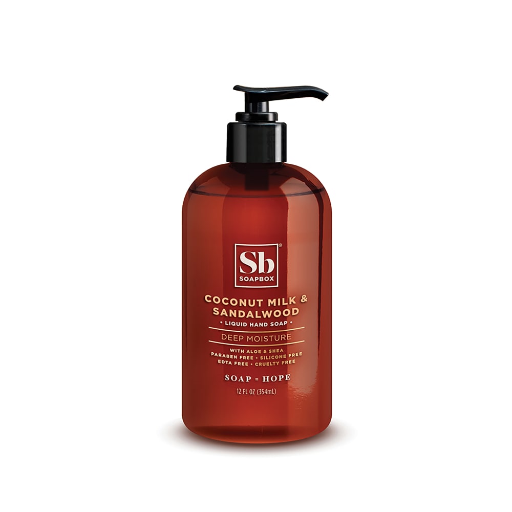 Pasteur Pharmacy Soapbox Liquid Hand Soap with deep moisture, coconut milk and sandalwood scent in a 12 fl oz bottle.