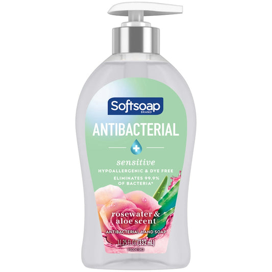 Softsoap antibacterial liquid hand soap with rose water and aloe scent, gentle for sensitive skin, in a clear pump bottle.