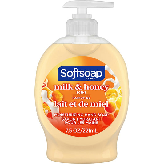 Softsoap Moisturizing Liquid Hand Soap Pump with Milk & Honey scent, 7.5 fl oz bottle, displayed in a bathroom setting.