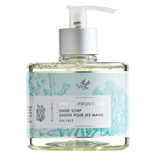Liquid hand soap from Pre de Provence Honey Almond collection with sea salt, featuring natural ingredients and elegant packaging.