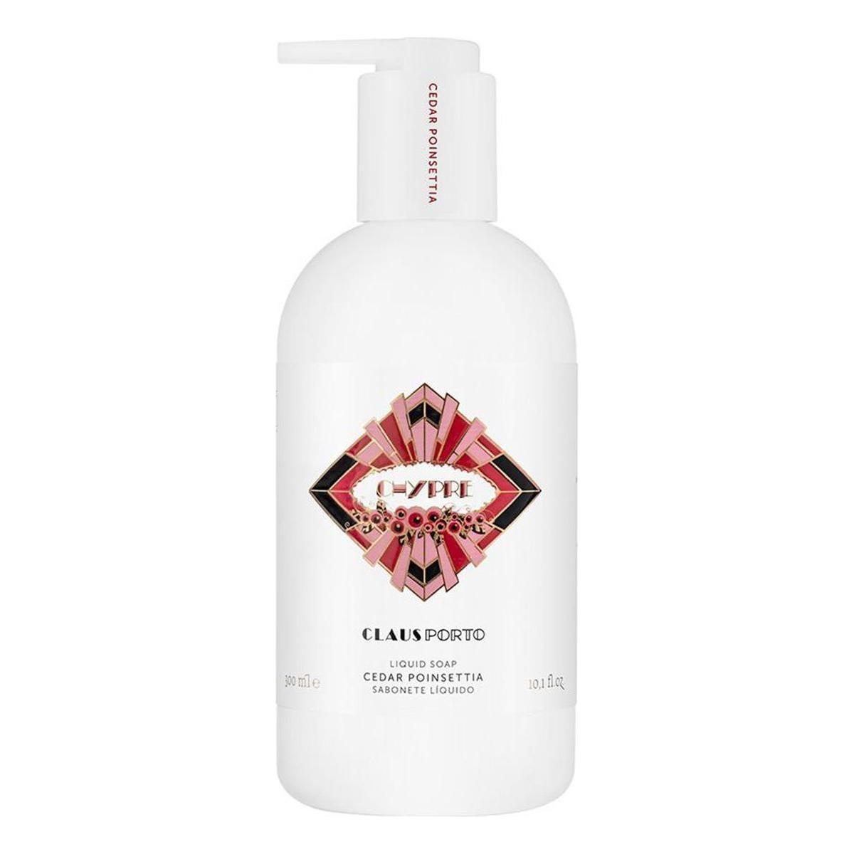 Claus Porto Chypre Cedar Poinettia liquid soap in 10.1 oz bottle, featuring a stylish design and natural cedar scent.