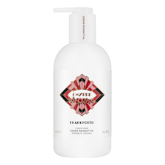 Claus Porto Chypre Cedar Poinettia liquid soap in 10.1 oz bottle, featuring a stylish design and natural cedar scent.
