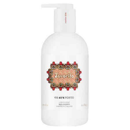 Claus Porto Favorito Red Poppy liquid soap in 10.1 oz bottle, featuring red poppy floral design and clear liquid inside.