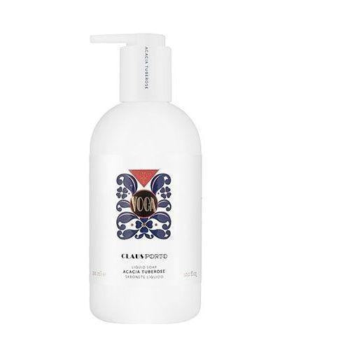 Claus Porto Voga Acacia Tuberose liquid soap in a 10.1 oz bottle, featuring elegant packaging and floral scent.