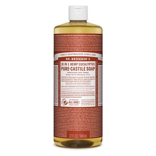 Dr. Bronner's Organic Castile Liquid Soap with Hemp and Eucalyptus scent in a 32 fl oz bottle, natural and eco-friendly skincare.