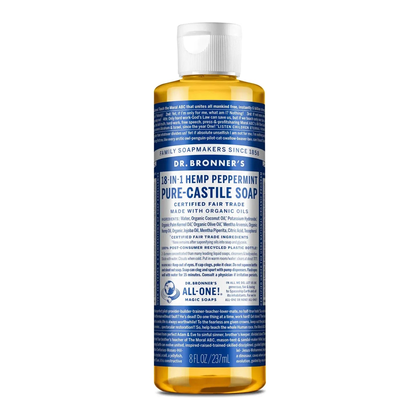 Dr. Bronner's Organic Peppermint Castile Liquid Soap in 8 fl oz bottle, natural and eco-friendly cleaning product.