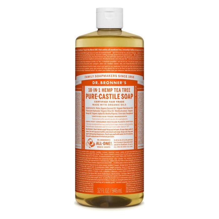 Dr. Bronner's Organic Pure Castile Liquid Soap Tea Tree in 32 fl oz bottle, showing the soap and label on the product.