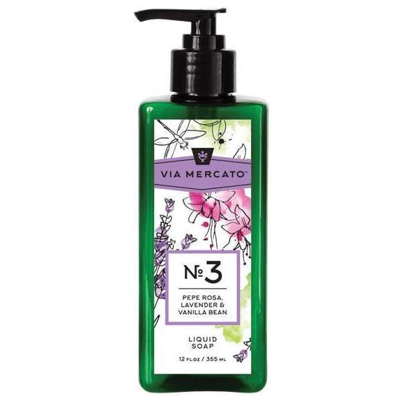 Pasteur Pharmacy Via Mercato Nro. 3 Liquid Soap with Pepe Rosa, Lavender, and Vanilla Bean in a 12oz bottle.