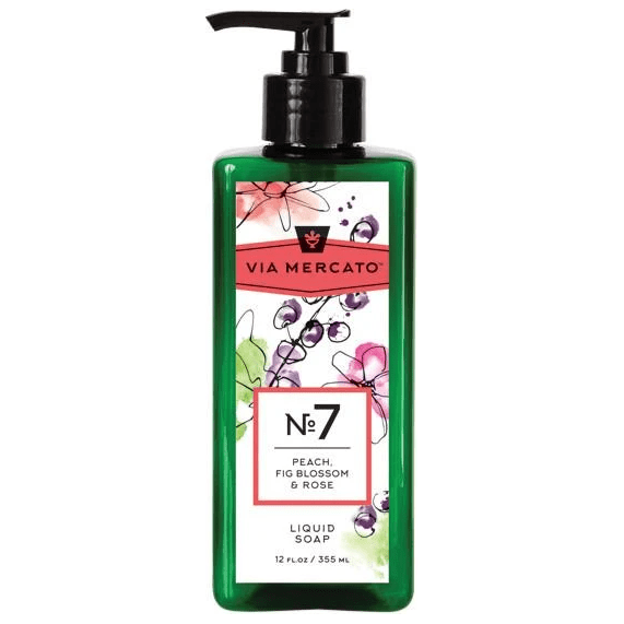 Pasteur Pharmacy Via Mercato Nro. 7 Liquid Soap with Peach, Fig Blossom, and Rose, 12oz bottle with floral scent.