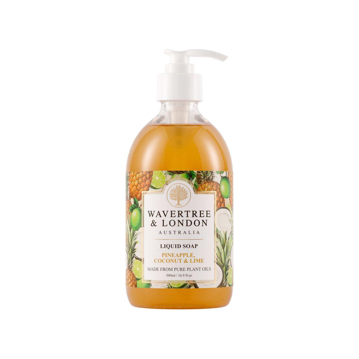 Wavertree & London natural pineapple, coconut, and lime liquid soap in a 7 oz bottle, crafted by Pasteur Pharmacy.