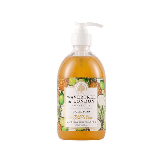 Wavertree & London natural pineapple, coconut, and lime liquid soap in a 7 oz bottle, crafted by Pasteur Pharmacy.
