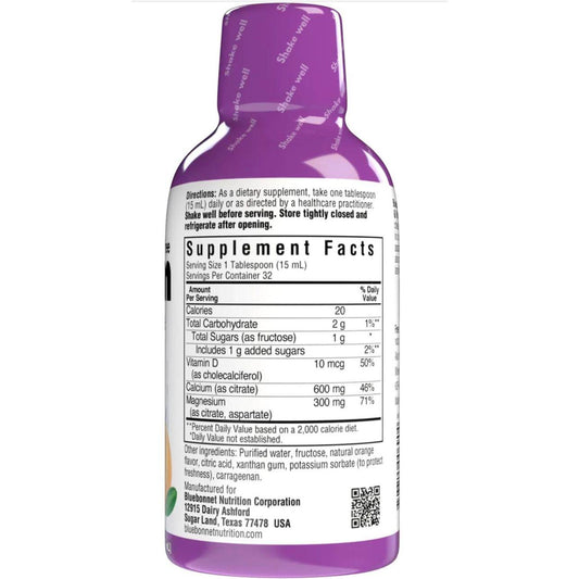 Bluebonnet Liquid Calcium Magnesium Citrate with Vitamin D3 in orange flavor, 16 oz bottle, a liquid vitamin supplement by Pasteur Pharmacy.
