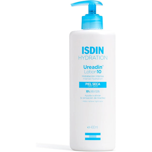 Isdin Ureadin 10 moisturizing lotion in a 13.5 oz bottle, shown with cream and pump dispenser, for dry skin hydration.