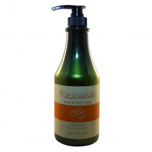 Spanature Hand and Body Lotion with Shea Butter by Pasteur Pharmacy, creamy lotion in a pump bottle, smooth skin care product.