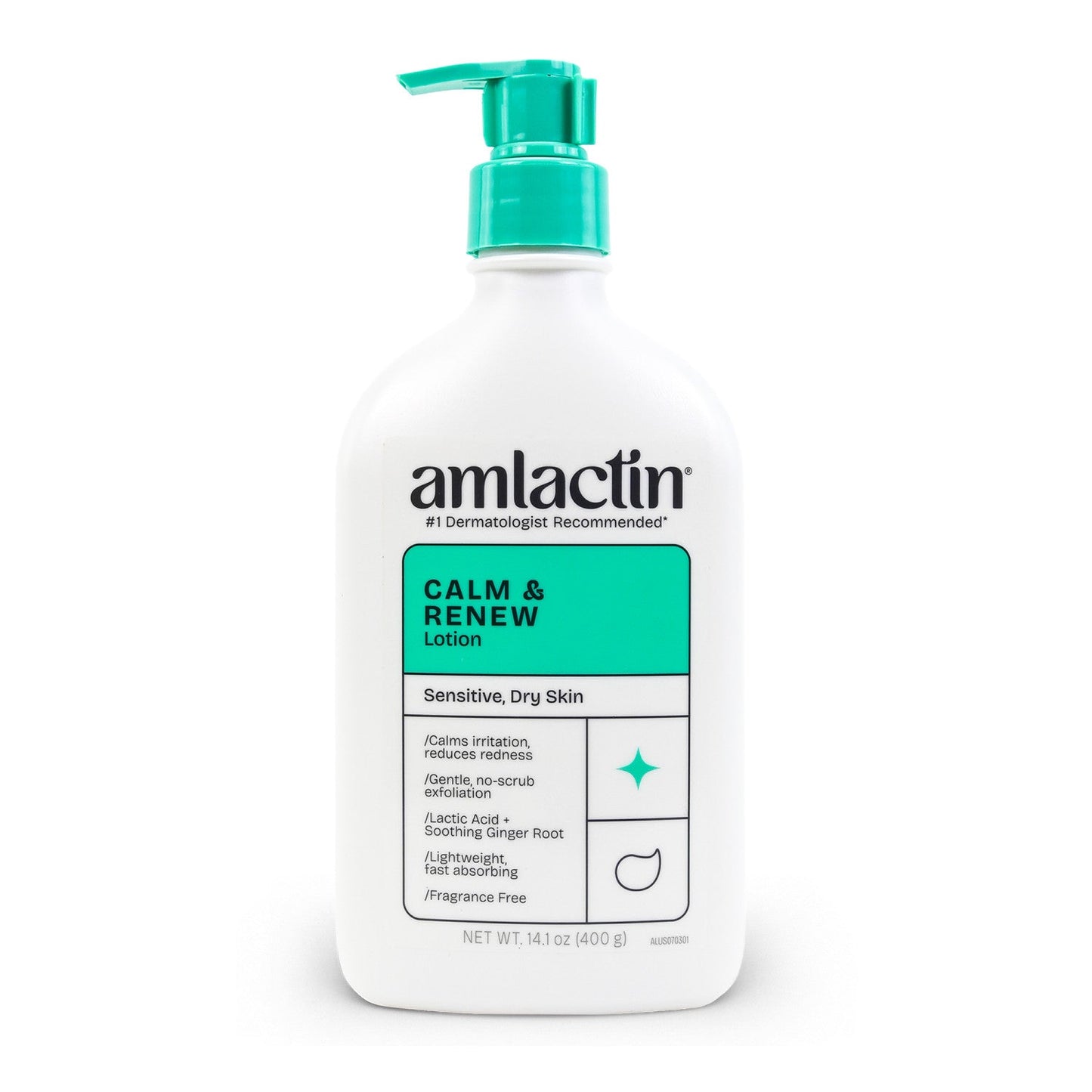 AmLactin Calm & Renew Lotion 14.1 oz moisturizer showing the bottle and label, designed to hydrate and soothe dry skin