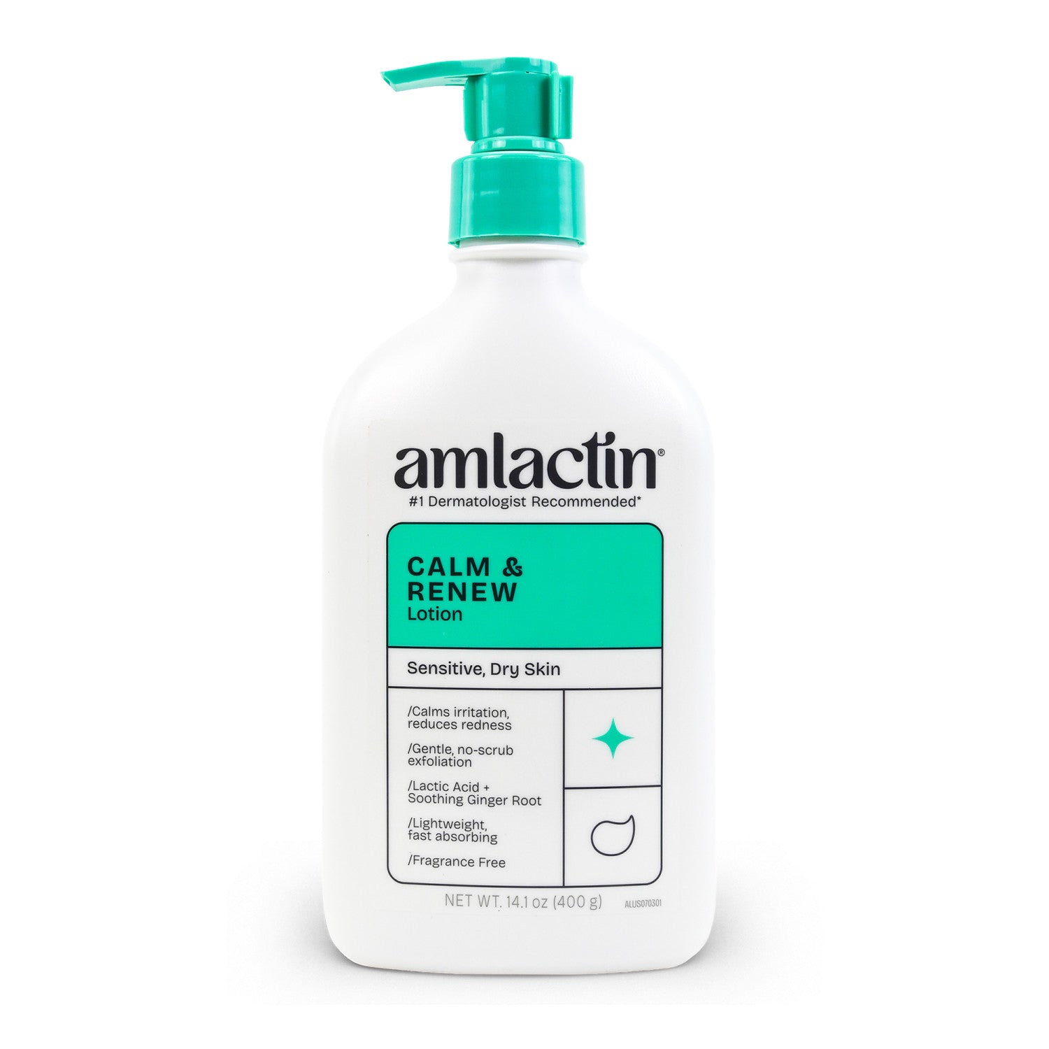 AmLactin Calm & Renew Lotion 14.1 oz moisturizer showing the bottle and label, designed to hydrate and soothe dry skin