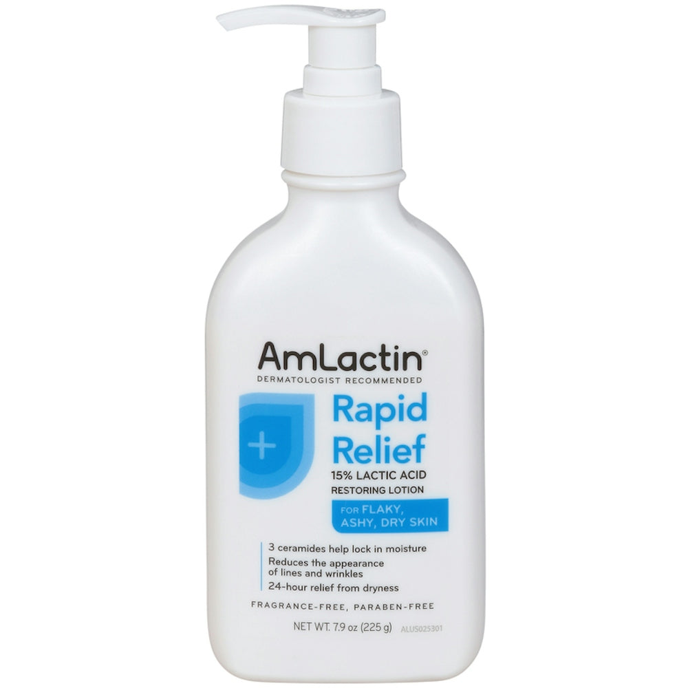 AmLactin Rapid Relief 15% Lactic Acid Restoring Lotion by Pasteur Pharmacy in a 7.9 oz bottle showing the lotion container.