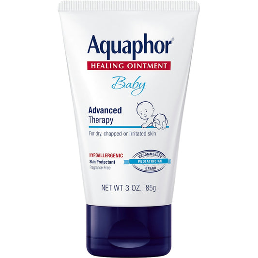 Aquaphor Baby Advanced Therapy Healing Ointment in a 3 oz tube, skin protectant and moisturizer for gentle baby skincare.