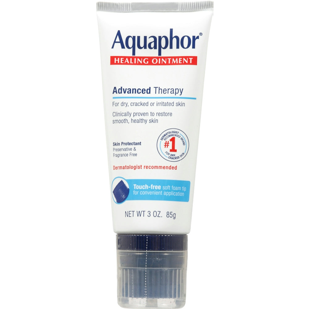 Aquaphor Healing Ointment advanced therapy skin protectant in a 3 oz tube, moisturizing and soothing dry, chapped skin.