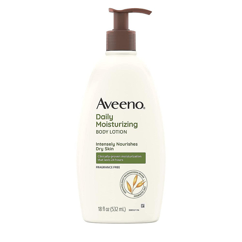 Aveeno Daily Moisturizing Body Lotion in 18 fl oz bottle, fragrance-free lotion and moisturizer by Pasteur Pharmacy.