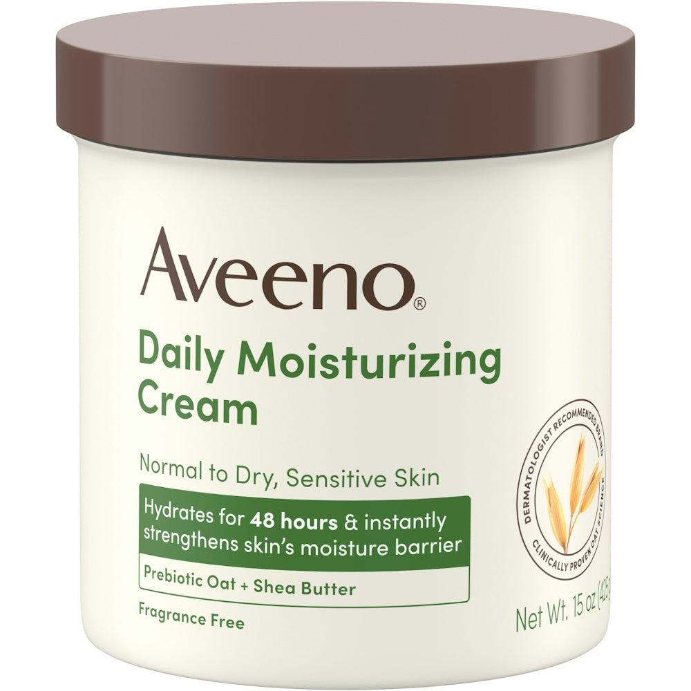Aveeno Daily Moisturizing Cream fragrance-free lotion in a 15oz bottle, providing gentle hydration for dry skin.