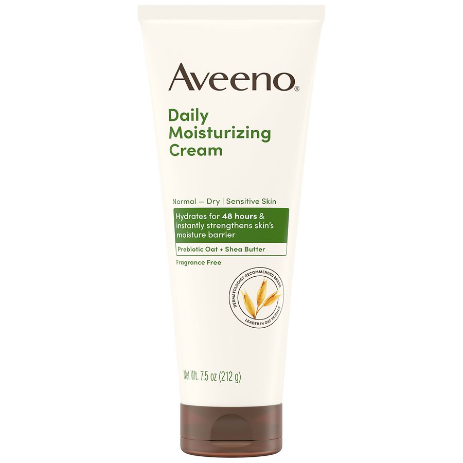 Aveeno Daily Moisturizing Cream in 7.5 oz jar, suitable for normal to dry sensitive skin, with a white lotion texture.