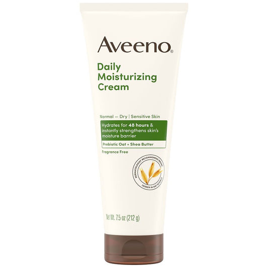 Aveeno Daily Moisturizing Cream in 7.5 oz jar, suitable for normal to dry sensitive skin, with a white lotion texture.