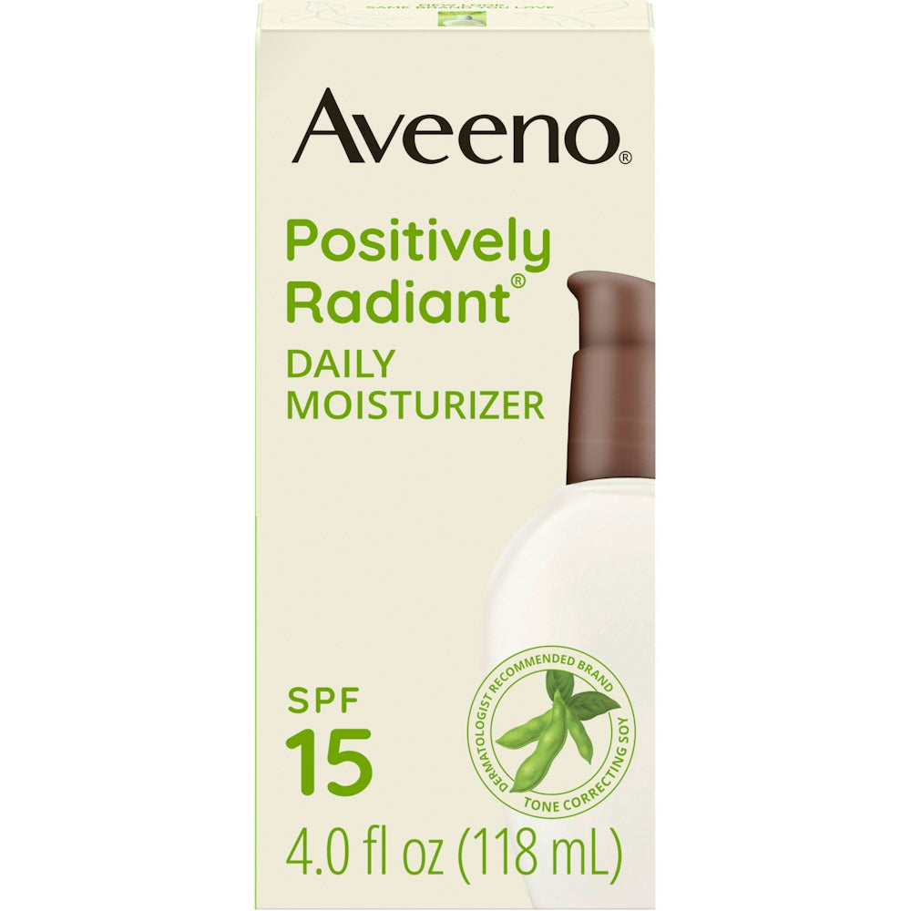Aveeno Positively Radiant Daily Facial Moisturizer with SPF 15 in a 4 fl oz bottle, featuring smooth lotion and brightening formula.