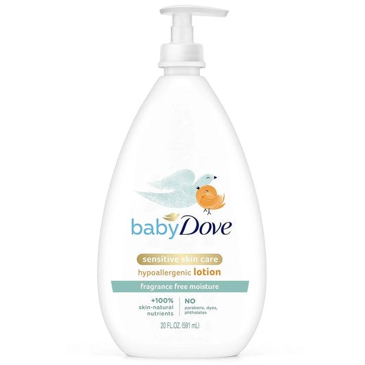 Baby Dove Sensitive Moisture fragrance-free lotion in a 4-20 fl oz pump bottle, gentle moisturizer for babies