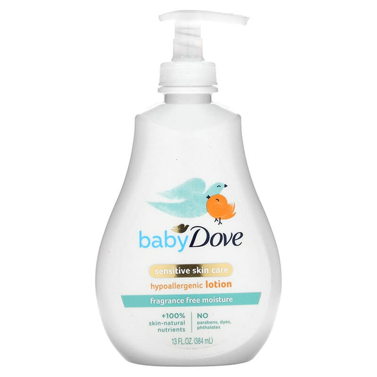 Baby Dove Sensitive Moisture Lotion in 13 oz bottle, fragrance-free baby lotion and moisturizer by Pasteur Pharmacy.