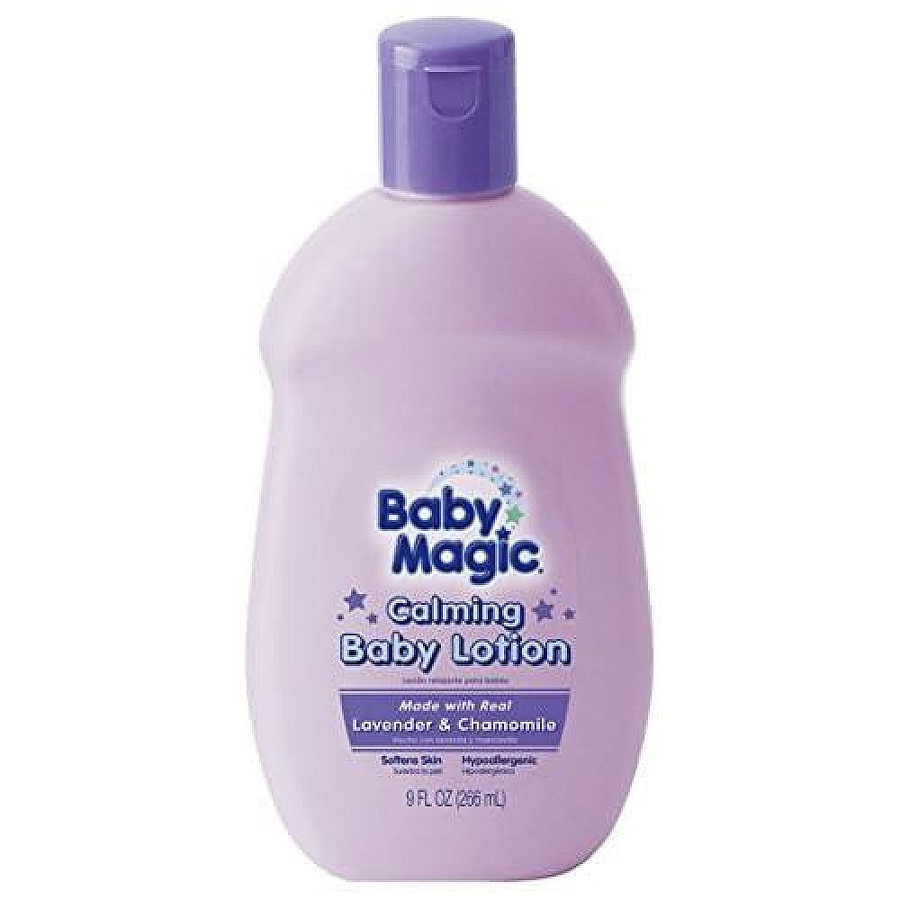 Baby Magic calming lotion with lavender and chamomile, Pasteur Pharmacy 16.5 oz moisturizer in a white bottle with lavender accents.