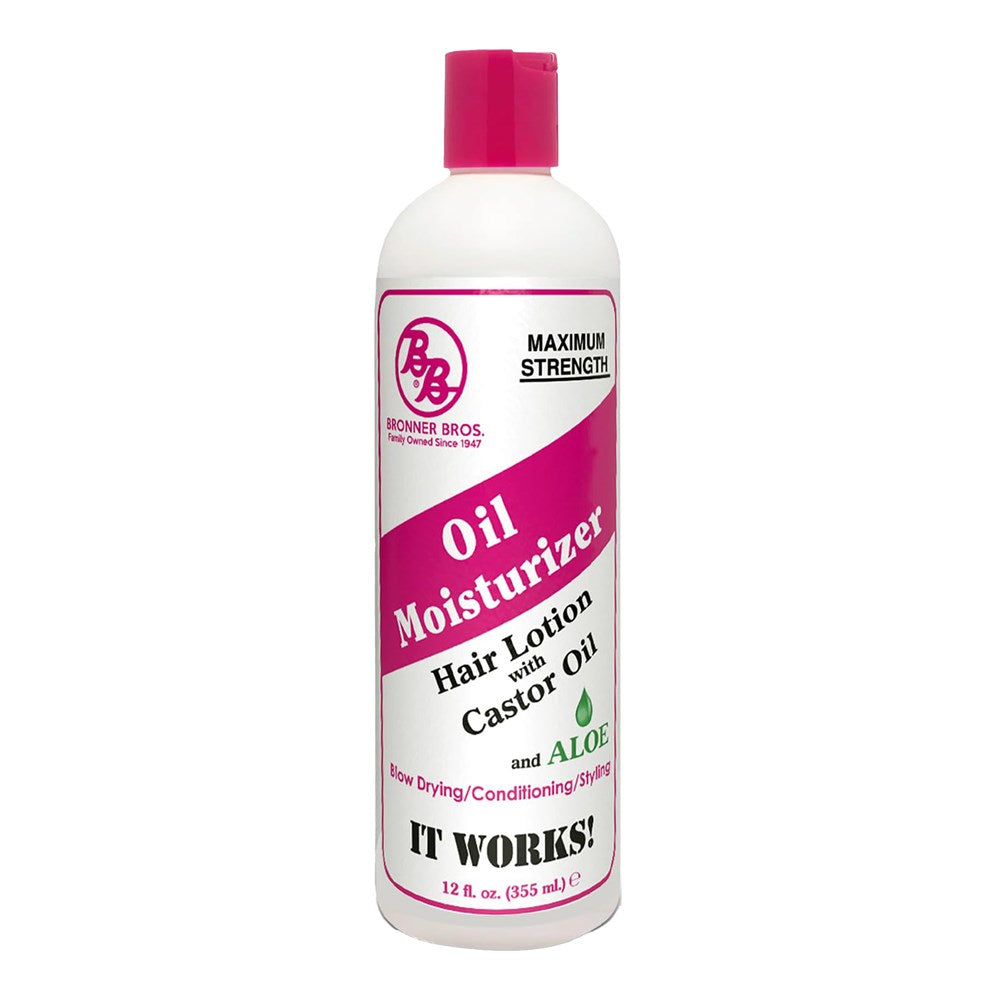 Pasteur Pharmacy Bronner Brothers Oil Moisturizer 12 oz lotion bottle, creamy texture, designed for nourishing skin care.