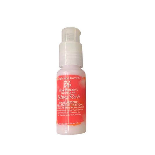 Bumble and Bumble Hairdresser's Invisible Oil Ultra Rich Hyaluronic Treatment Lotion in 0.84 oz bottle, moisturizing hair care product.