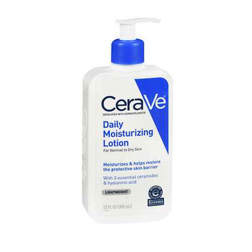 Cerave Daily Moisturizing Lotion in a 12 oz bottle, soothing moisturizer for dry skin, displayed with the product label.