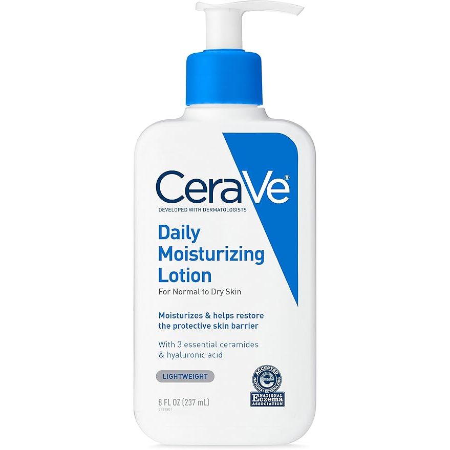 CeraVe Daily Moisturizing Lotion for face and body, 8 oz, in a white bottle with a blue cap, suitable for daily skincare.