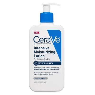 CeraVe Daily Moisturizing Lotion for normal to dry skin, 12 oz, featuring a pump bottle with white and blue packaging.