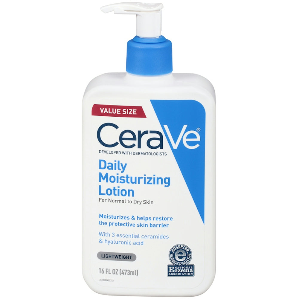 CeraVe Daily Moisturizing Lotion for normal to dry skin in a 16.9oz bottle, featuring a white pump dispenser and clear label