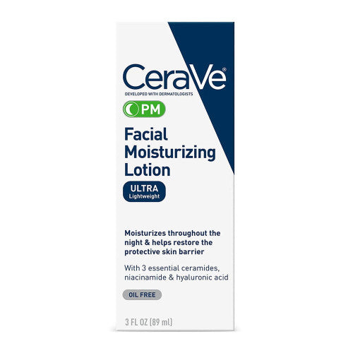 Cerave Facial Moisturizing Lotion PM in a 3 oz bottle, creamy moisturizer for nighttime skincare, shown in a pump bottle.