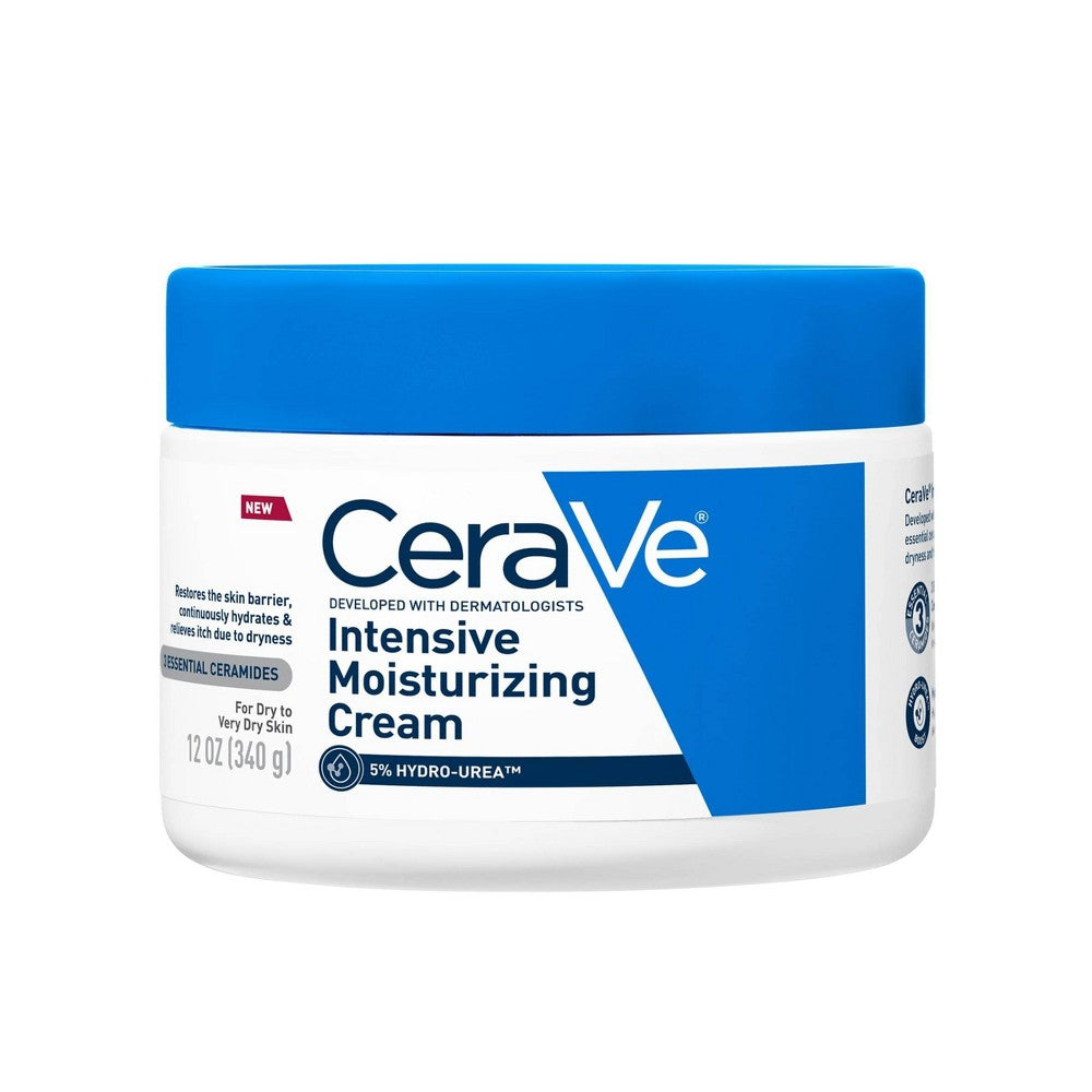 CeraVe Intensive Moisturizing Cream 12 oz in a white jar, designed for deep hydration and skincare.