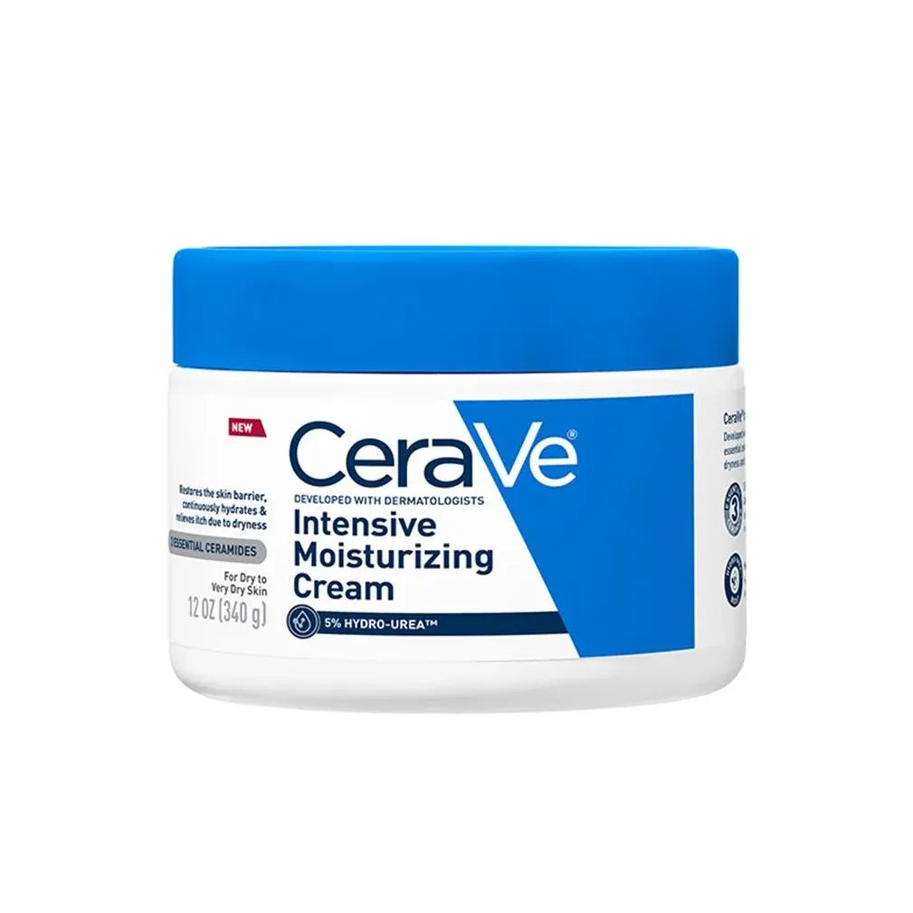 CeraVe Intensive Moisturizing Cream in a 12 oz jar, creamy lotion with a smooth texture for deep hydration and skin nourishment.