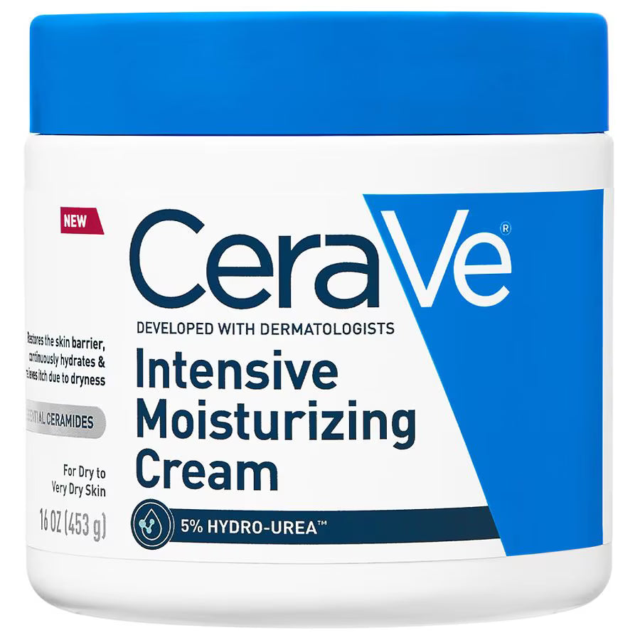 CeraVe Intensive Moisturizing Cream in 16 oz jar, soothing lotion and moisturizer for dry skin, with a white and blue label